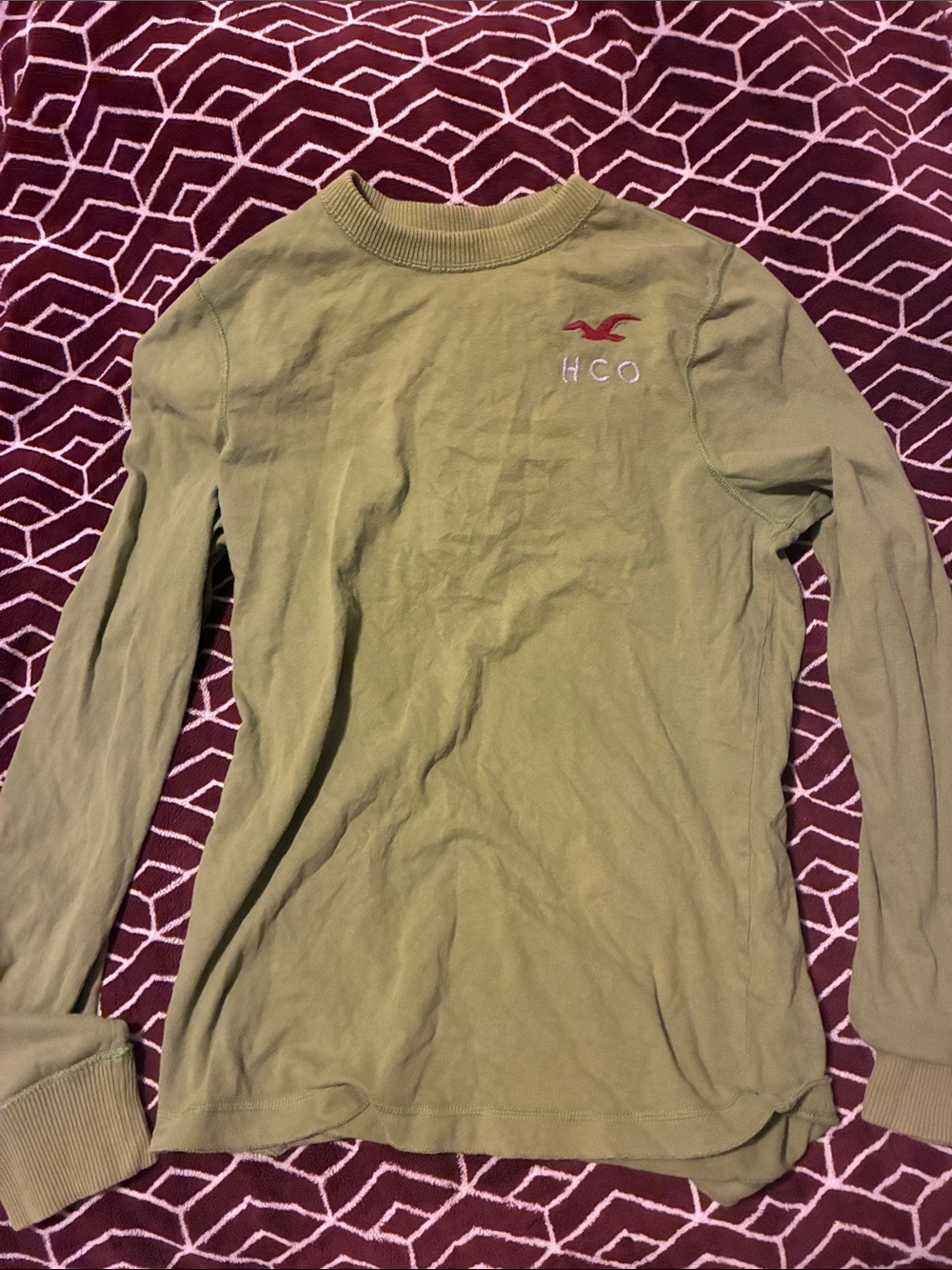 Hollister Olive Green Long Sleeve Crew with Red Logo